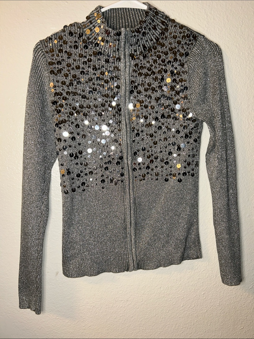 Women's Sequined Zip-Front Cardigan Sweater - Gray